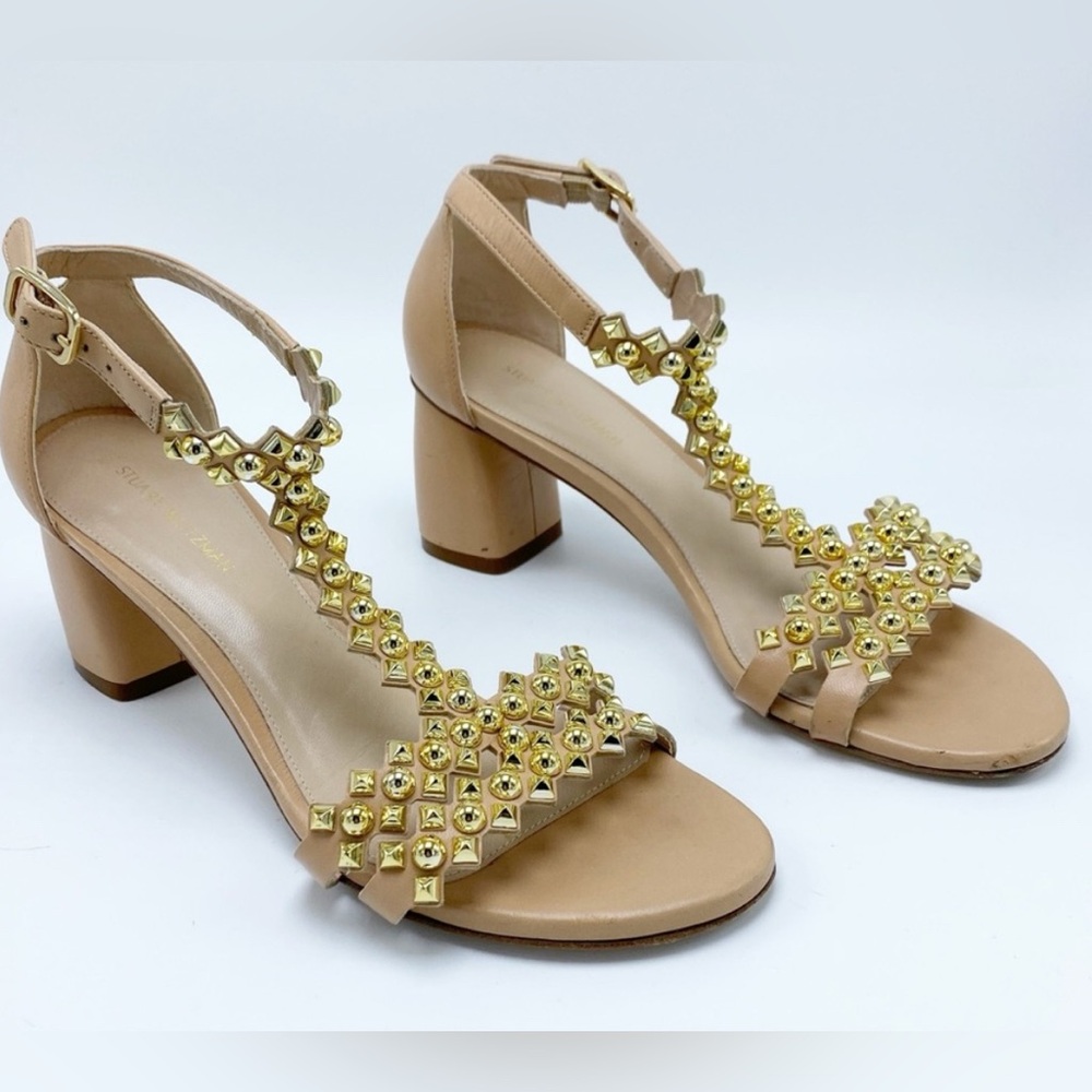 Stuart Weitzman size 6.5 leather block-heel sandal w/gold studded T-strap